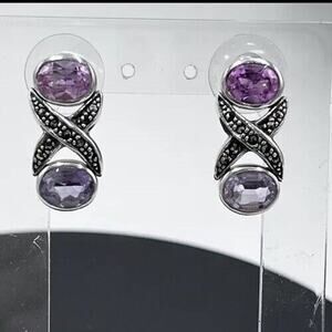 925 Sterling Silver Vintage Amethyst Pink Sapphire Marcasite‎ Pierced Earring